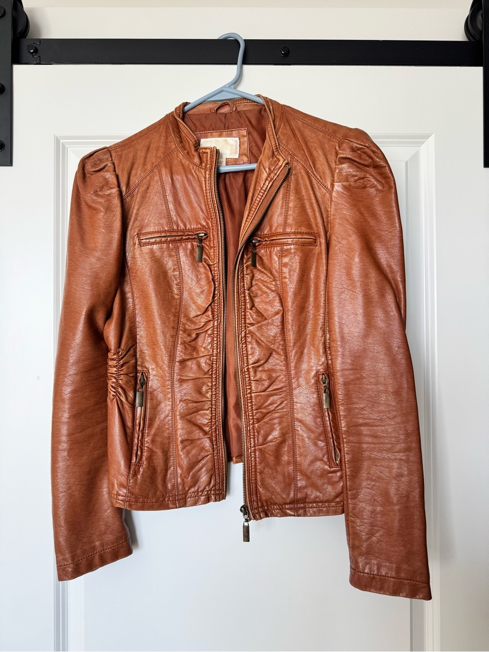 Xhilaration Cognac Faux Leather Ruffle-Trim Jacket